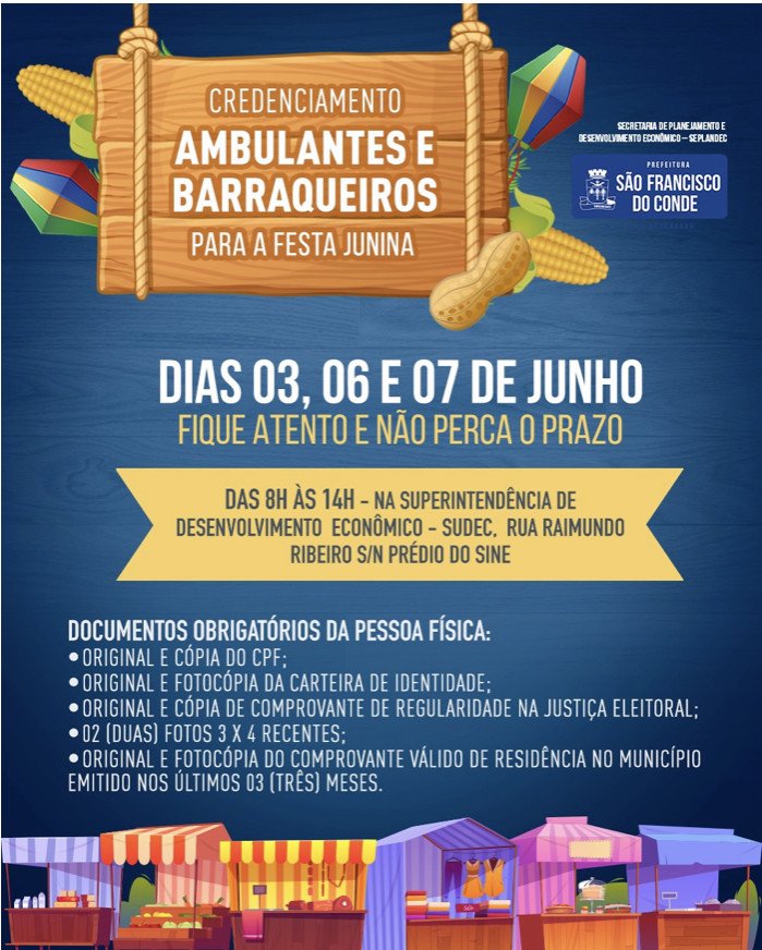 Cadastro de vendedores ambulantes e barraqueiros para a festa junina acontece entre os dias 03, 06 e 07 de junho