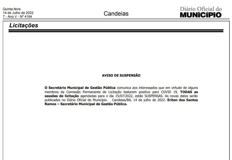 CANDEIAS: SESSÕES DE LICITAÇÃO DA PREFEITURA DE CANDEIAS SÃO SUSPENSAS APÓS SERVIDORES DA COMISSÃO TESTAREM POSITIVO PARA COVID-19