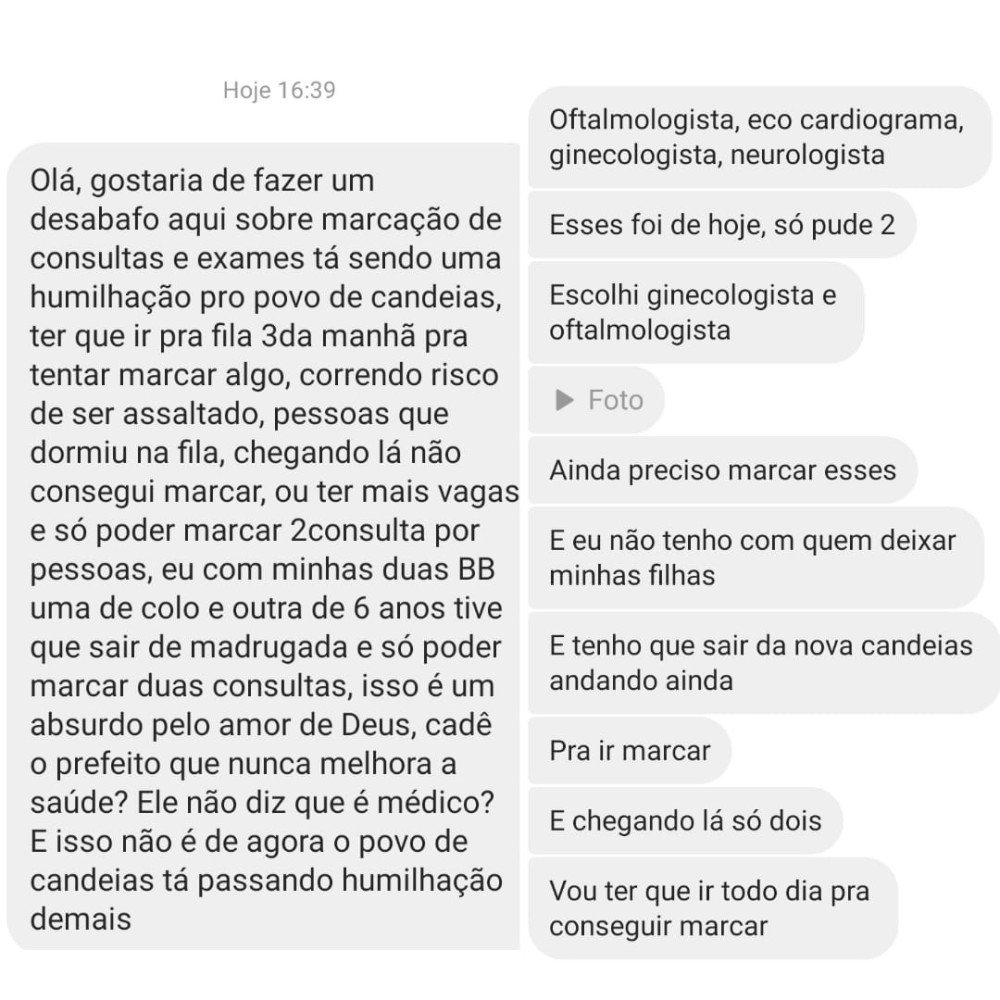 #ComunidadeResenha: Moradora do bairro da Nova Candeias faz reclamação sobre o atual sistema utilizado pela Secretaria de Saúde da Prefeitura de Candeias para marcação de consultas.