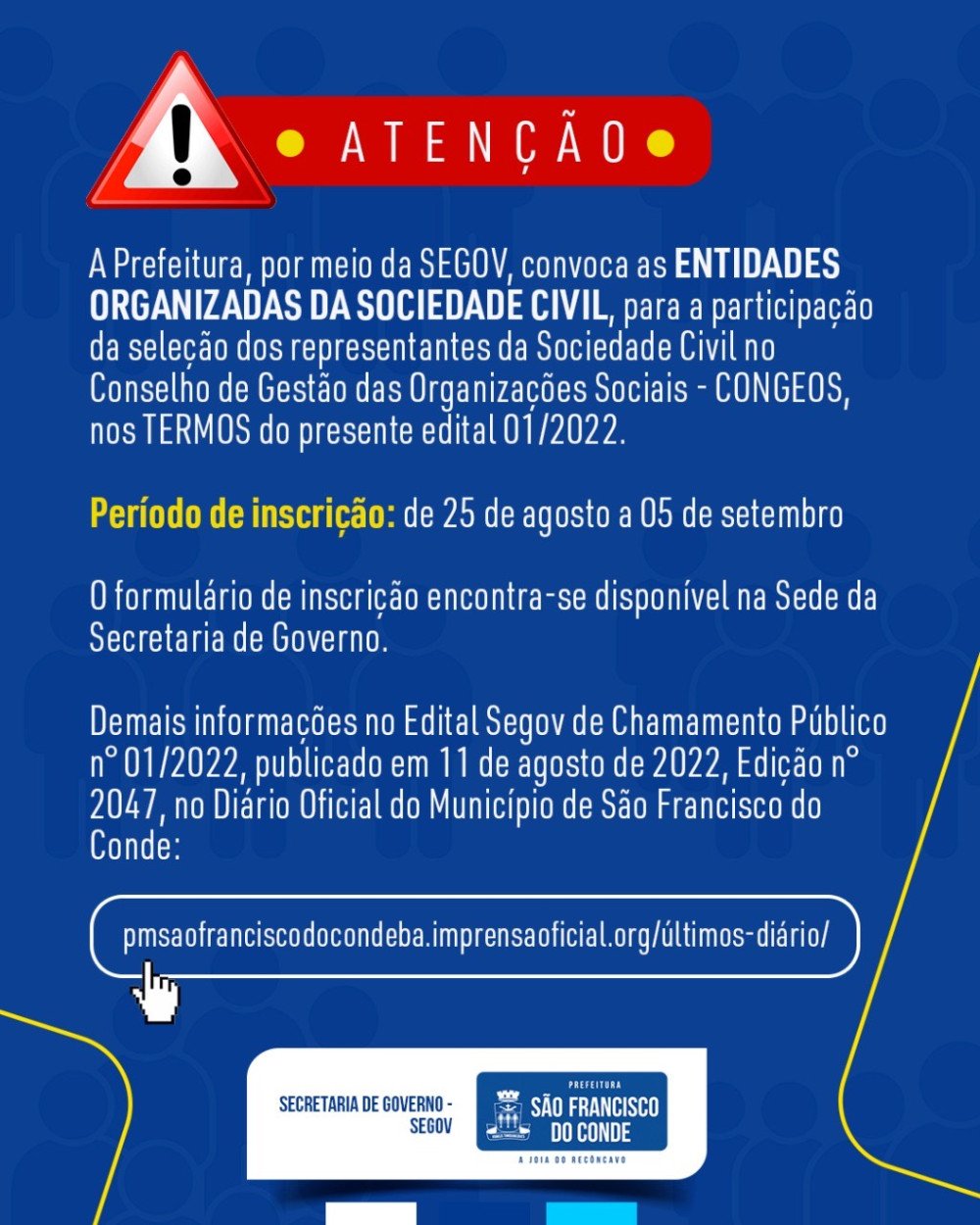Inscrição para a seleção dos representantes da sociedade civil no Conselho de Gestão das Organizações Sociais acontece de 25 de agosto a 05 de setembro