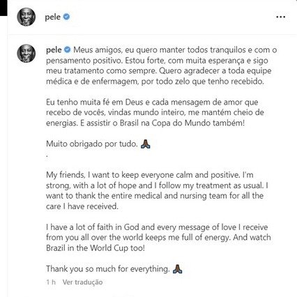 Internado em SP, perfil de Pelé faz postagem e pede tranquilidade aos fãs: 'Estou forte, com muita esperança'