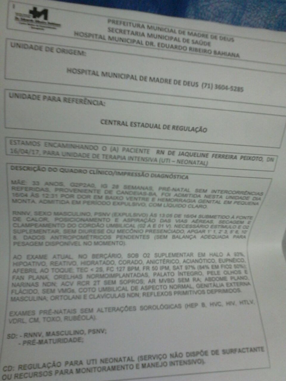 Recém-nascido de Candeias precisa de UTI urgente.
